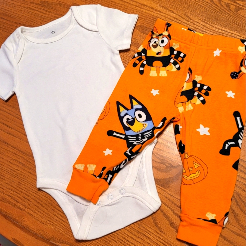 Bluey Halloween themed pajama pants with white onesie/bodysuit